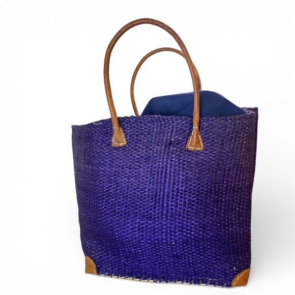 Handbags - Raffia Purple with Natural Leather Handle Tote Bag